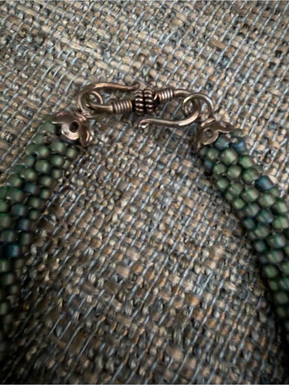 Reversible Hand Crafted Green Beaded Necklace with Gold and Green Pendants - Picture 3 of 8